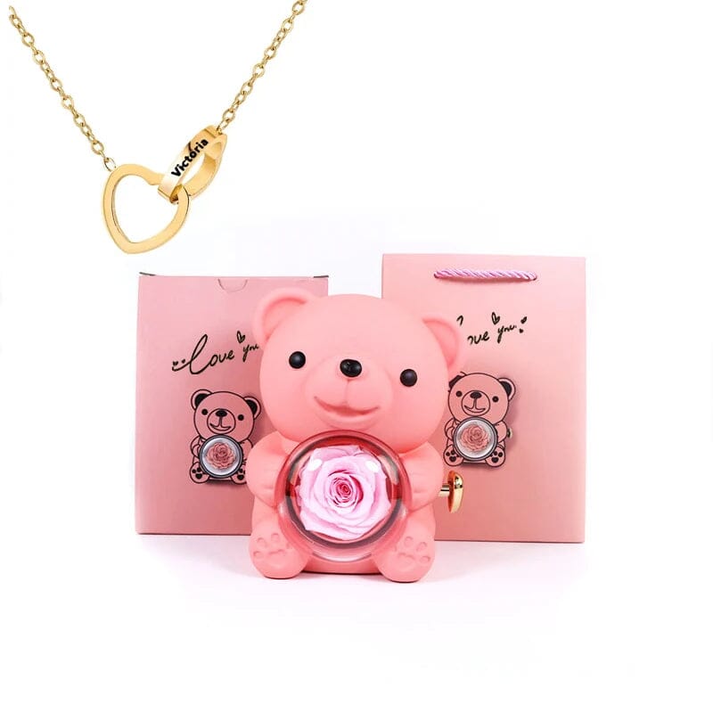 Urso Porta-Joias Giratório com Colar Corações Personalizados FEMININO - ACESSORIOS - URSO COM COLAR Dm Stores Rosa Ouro 
